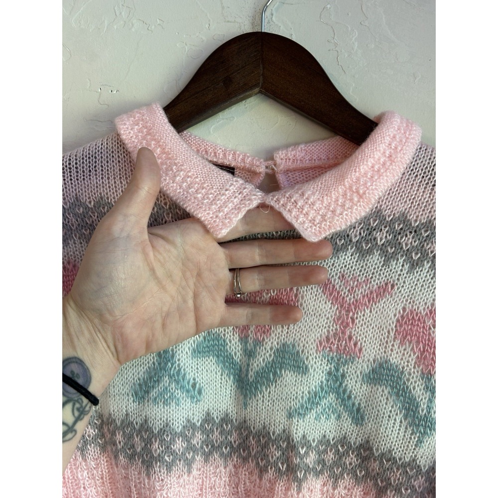 Vintage Mademoiselle Pullover Sweater S Floral 80s Collared Baby Pink S - Picture 5 of 8